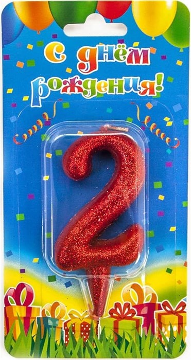 Свеча Цифра 2 Овал Красный с блестками 8см 1488