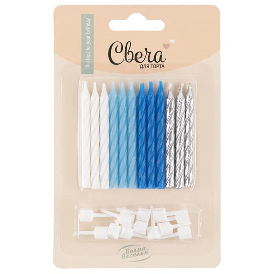 Свечи Голубой микс Металлик 6 см 12 шт. с держат. 132531