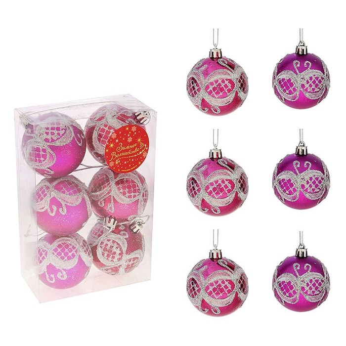 Набор шаров пластик d-6см 6шт Узорная сетка Розовый 717909 717909