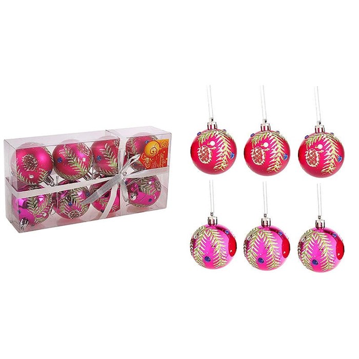 Набор шаров пластик d-6см 8шт Еловая ветка Розовый 684942 684942