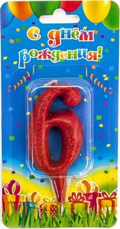 Свеча Цифра 6 Овал Красный с блестками 8см 1492