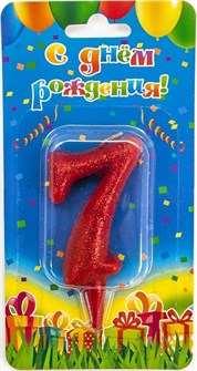 Свеча Цифра 7 Овал Красный с блестками 8см 1493