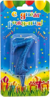 Свеча Цифра 7 Овал Синий с блестками 8см 1503