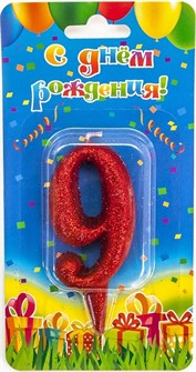 Свеча Цифра 9 Овал Красный с блестками 8см 1495