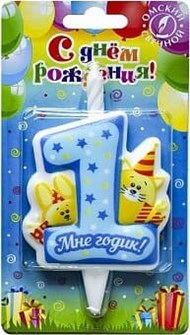 Свеча Цифра 1 Мне Годик! (кролик и котенок) Голубой 12см 0269
